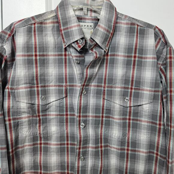 Roper Shirt Men's Medium Plaid Gray White Red Long Sleeve Western Flap Pockets - Picture 1 of 9